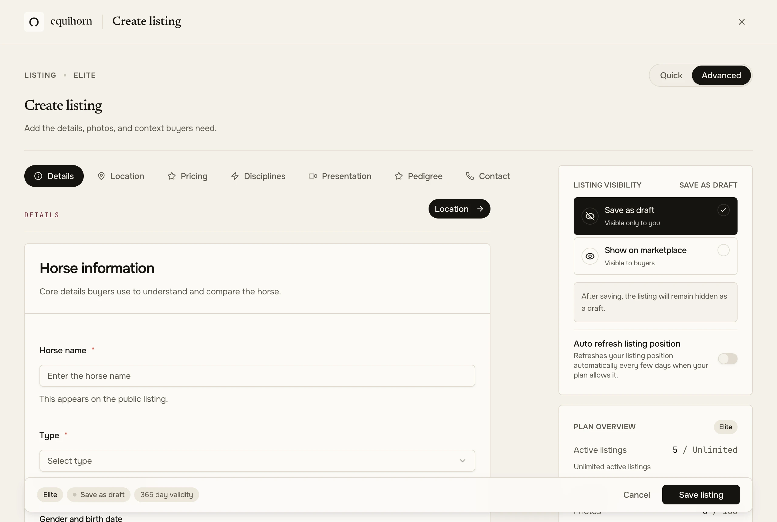 The Equihorn horse listing form