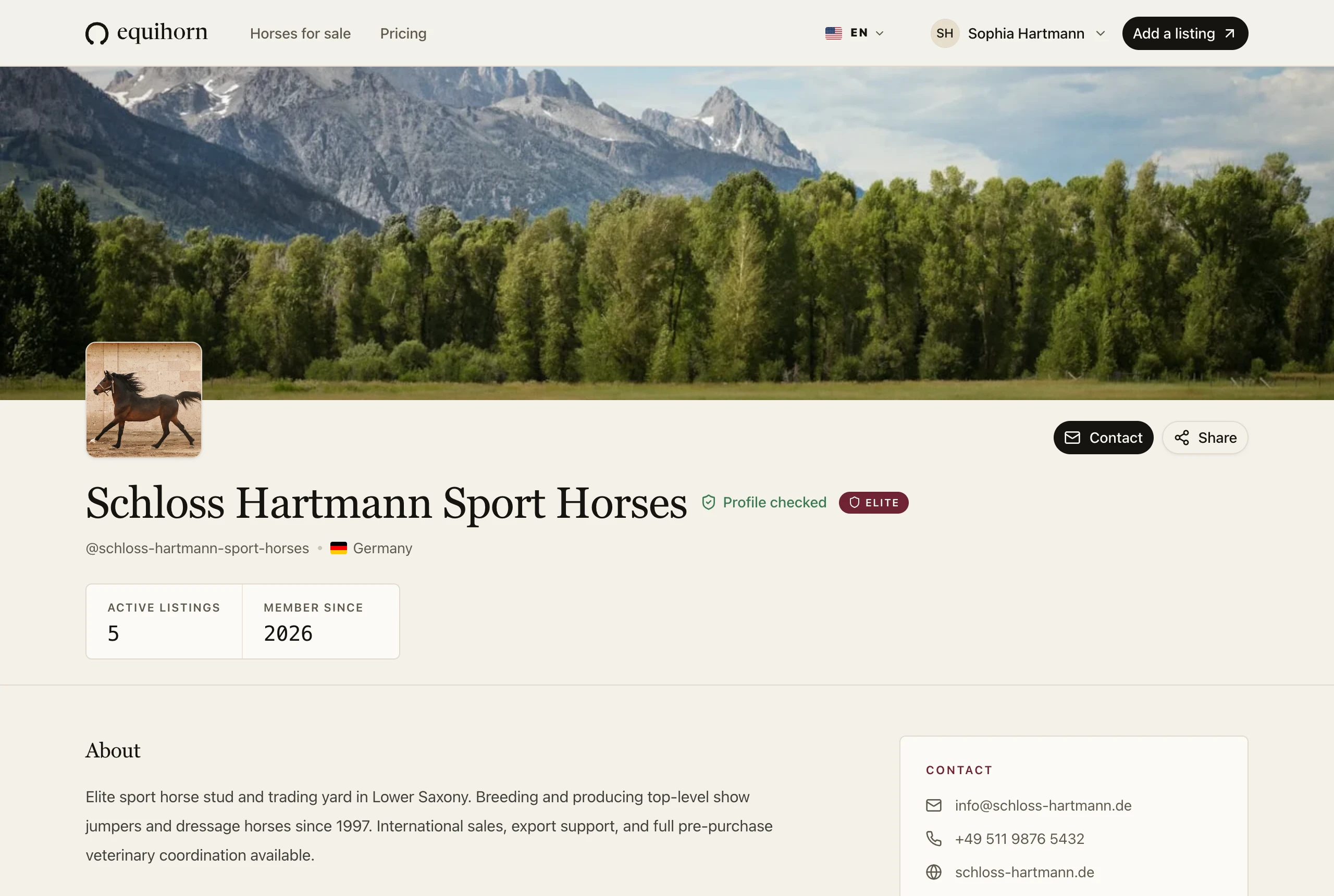 An Equihorn stable profile page